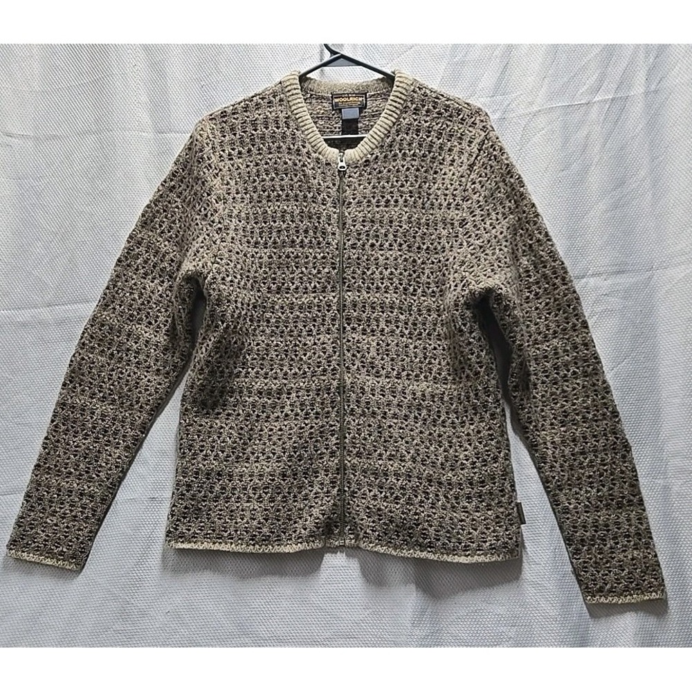 Vintage Woolrich Womens Large Full Zip Sweater Jacket Tan Long Sleeve 100% Wool